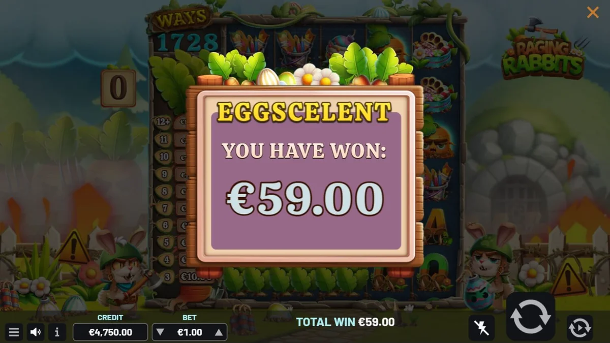 Raging Rabbits slot game interface with cartoon rabbits on a battlefield